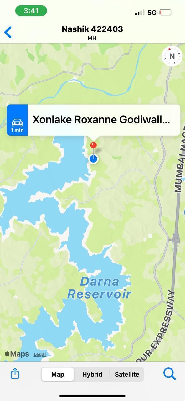 Map showing X on Lake beside the Darna reservoir, off the Mumbai–Nashik expressway